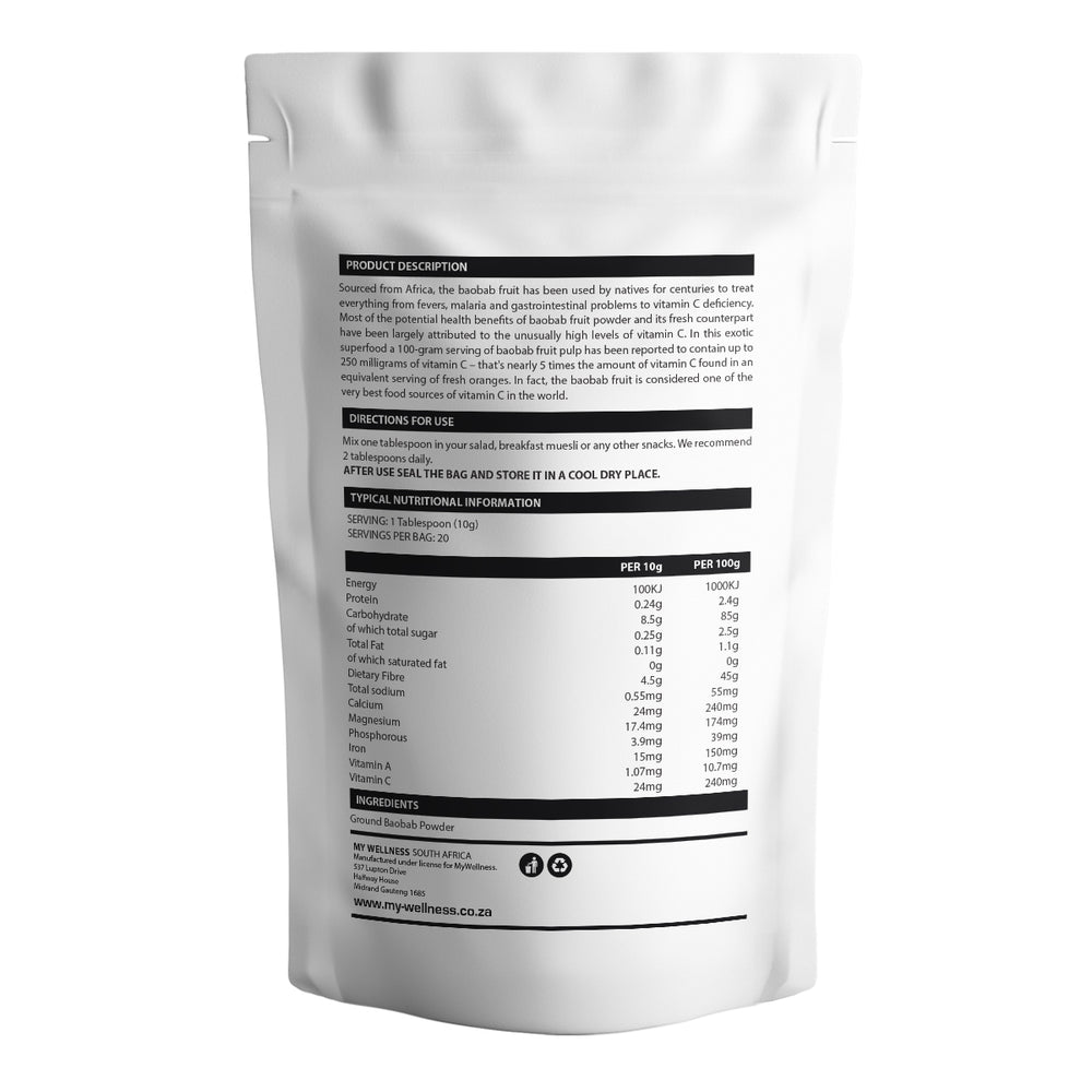 Health and nutritional information of Baobab Powder - Treats fevers, malaria, gastrointestinal problems and Vitamin C deficiency. Contains high levels of vitamin C.