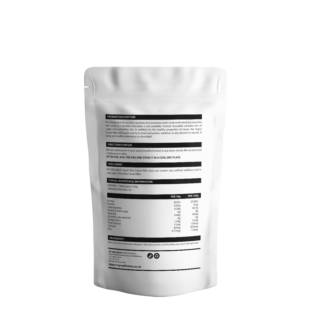 Nutritional Information for Super Cacao Nibs - Pure, Raw Cacao Nibs, no known allergens or artificial additives.