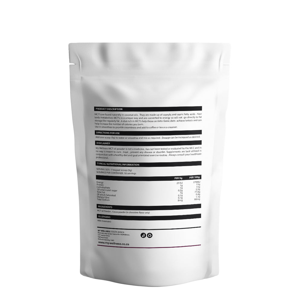 Ingredients for MCT Oil Powder consists of: MCT oil Powder, Cocoa powder (in chocolate flavor only) 