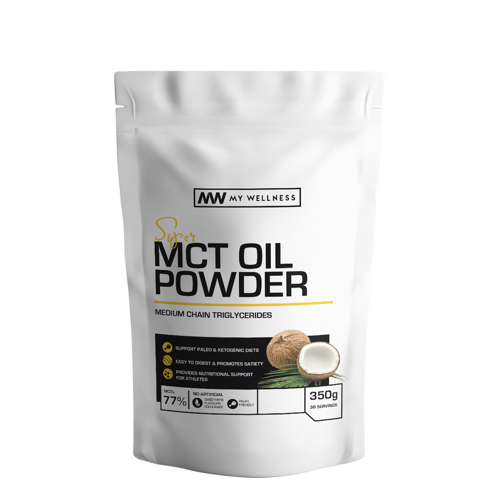 Super MCT Oil Powder - medium chain triglycerides naturally found in coconut oils. Use in smoothies to provide creaminess and add to coffee or tea as a creamer to achieve ketosis. My Wellness SA Keto Health Products.